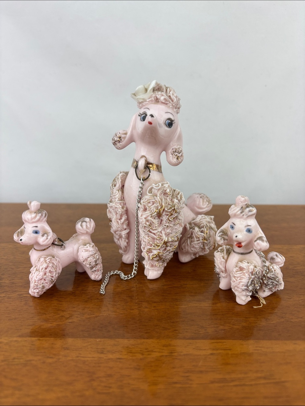 Vintage MCM kitschy pink ceramic spaghetti poodle family set of three